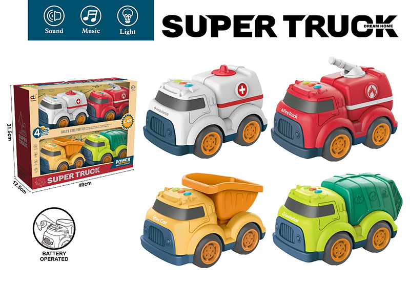 Cartoon Slide Car Set With Light And Music(Ambulance + Fire Engine + Cement Tank Engineering Truck + Sanitation Truck)