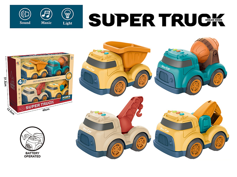 Cartoon Slide Car Set With Light And Music(Cement Tank Engineering Truck + Concrete Mixer + Crane + Excavator)