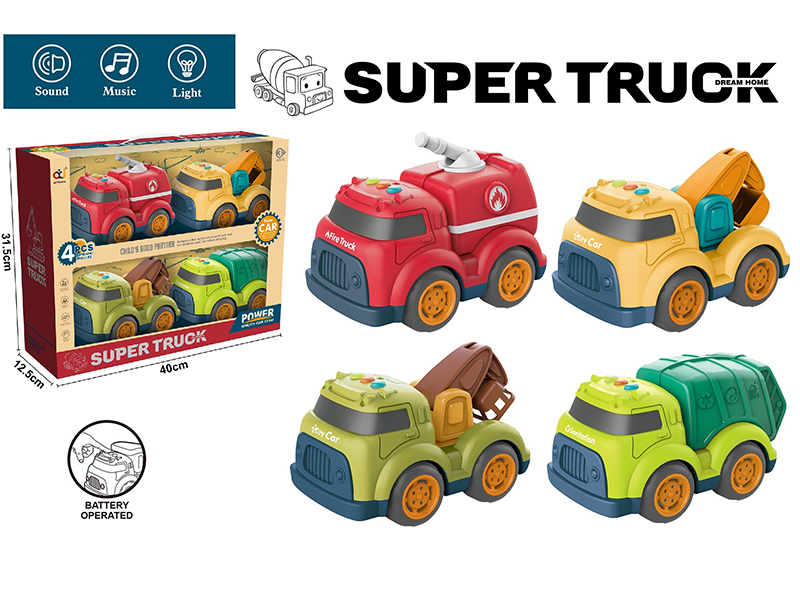 Cartoon Slide Car Set With Light And Music(Fire Engine + Excavator + Aerial Ladder Truck + Sanitation Truck)
