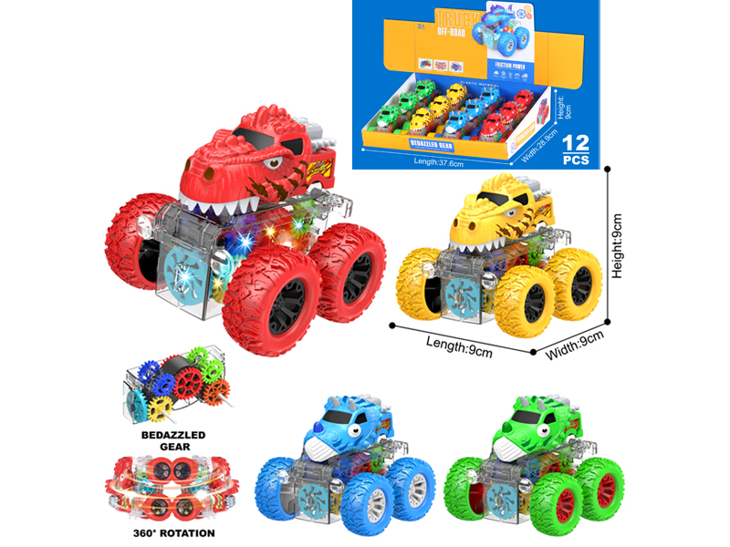 12PCS Double Friction Spinning Stunt Roller Dinosaur Cart With Light