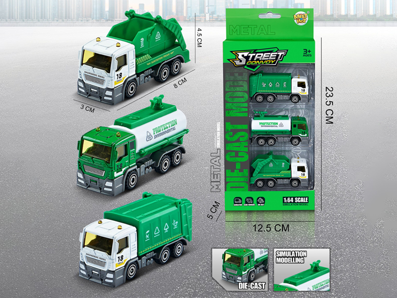 3PCS 1:64 Slide Alloy Sanitation Vehicle