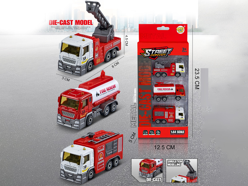 3PCS 1:64 Slide Alloy Fire Truck