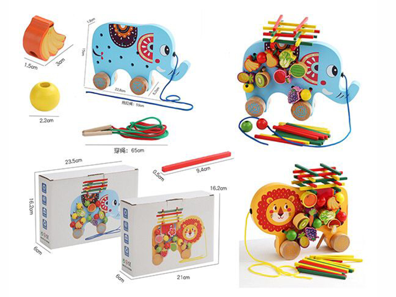 Wooden Multifunctional Elephant Lion Beaded Balanced Pull Along Toy
