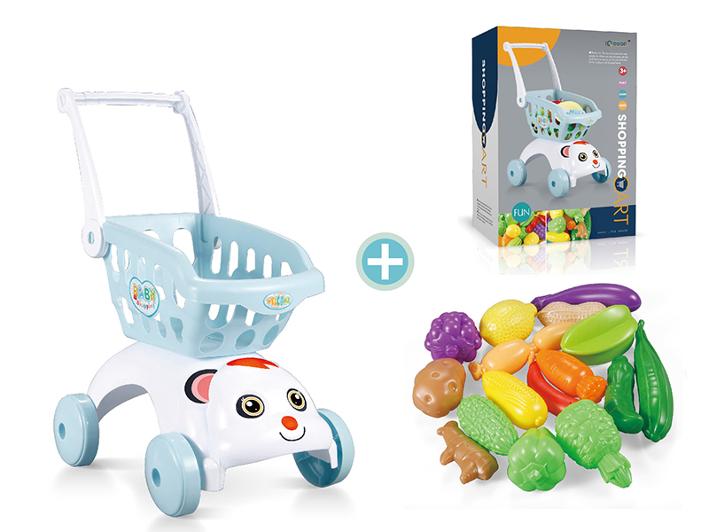 Blue Shopping Cart + Fruits And Vegetable Set (17pcs)