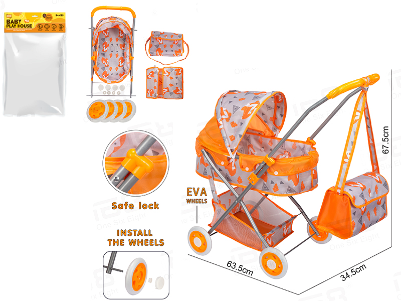 Baby Play House - Baby Sunshade Stroller + Storage Basket + Handbag (Made Of Iron) EVA Wheel
