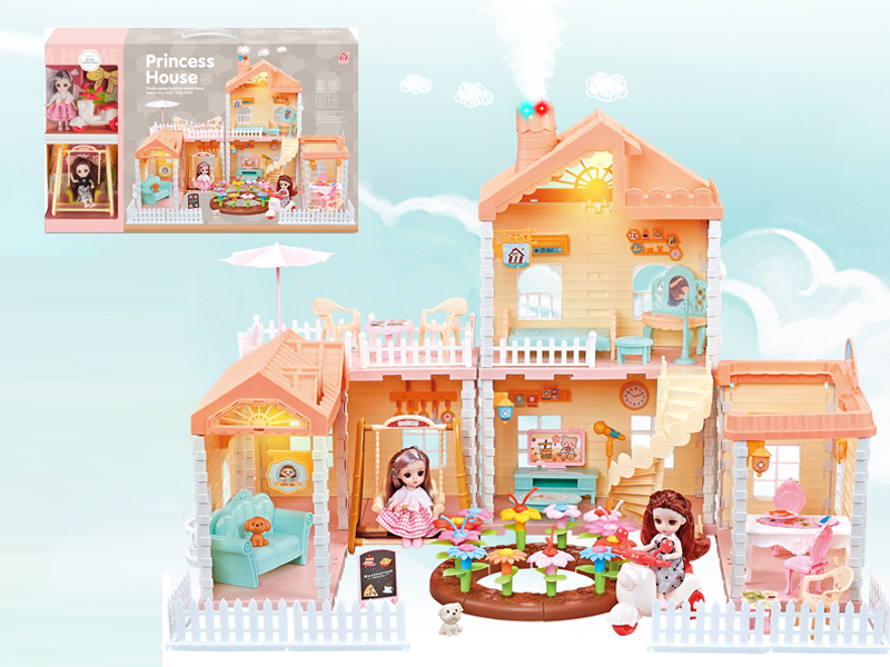 Self Installed Villa Roof With Light Chimney With Spray Light+2PCS 4.5 Inch Articulated Doll