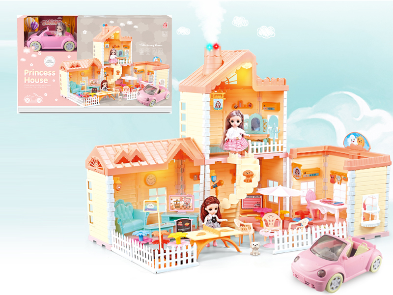 Self Installed Villa Roof With Light Chimney With Spray Light+2PCS 4.5 Inch Articulated Doll