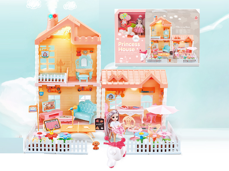 Self Installed Villa Roof With Light Chimney With Spray Light+2PCS 4.5 Inch Articulated Doll