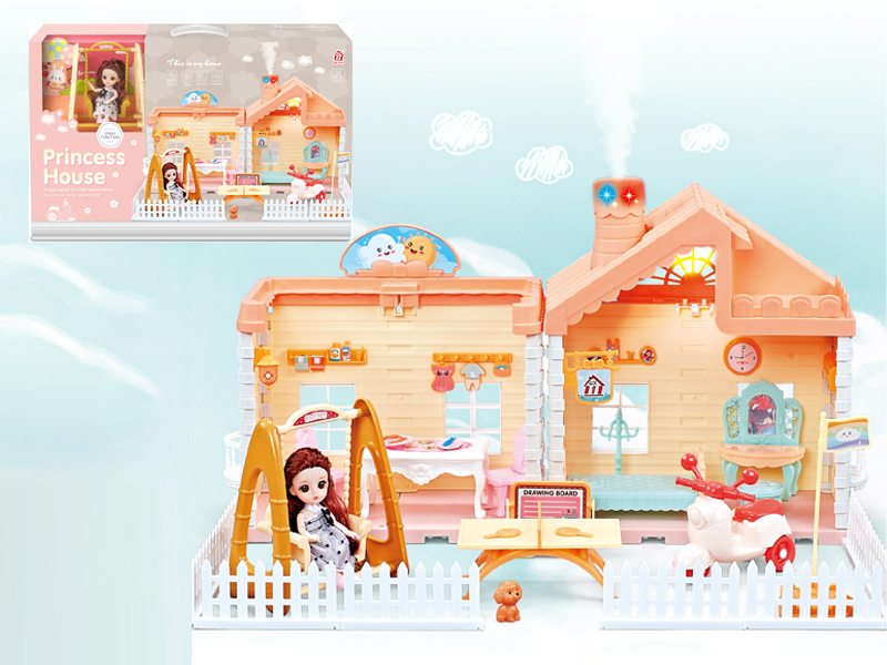 Self Installed Villa Roof With Light Chimney With Spray Light+2PCS 4.5 Inch Articulated Doll