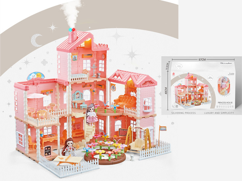 Self Installed Villa Roof With Light Chimney With Spray Light+2PCS 4.5 Inch Articulated Doll