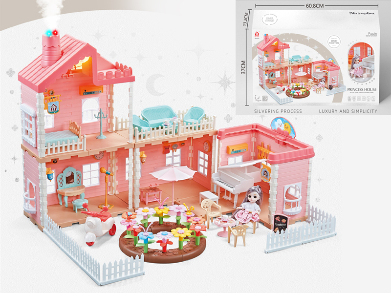 Self Installed Villa Roof With Light Chimney With Spray Light+2PCS 4.5 Inch Articulated Doll
