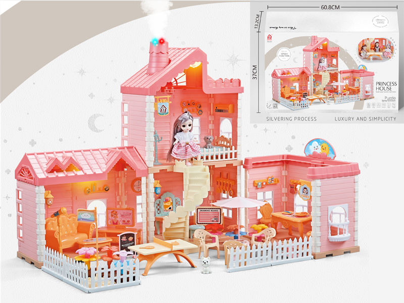 Self Installed Villa Roof With Light Chimney With Spray Light+2PCS 4.5 Inch Articulated Doll