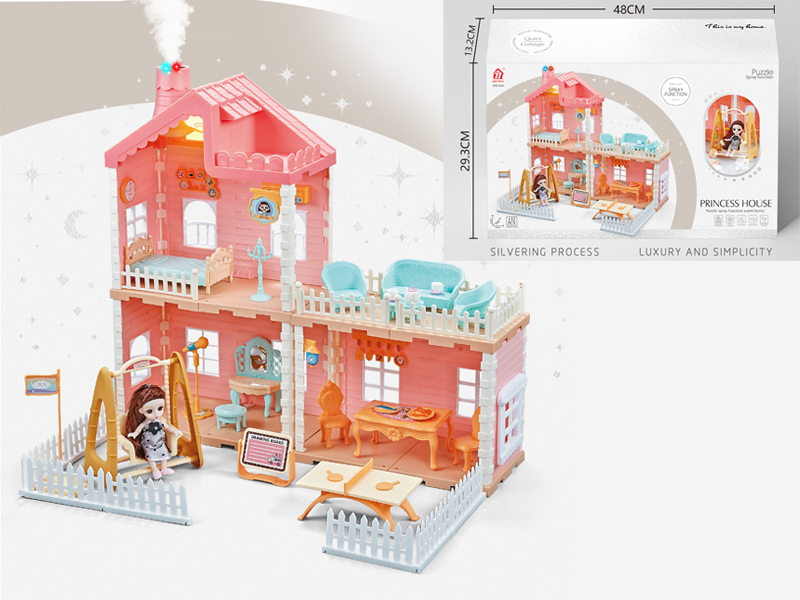 Self Installed Villa Roof With Light Chimney With Spray Light+2PCS 4.5 Inch Articulated Doll