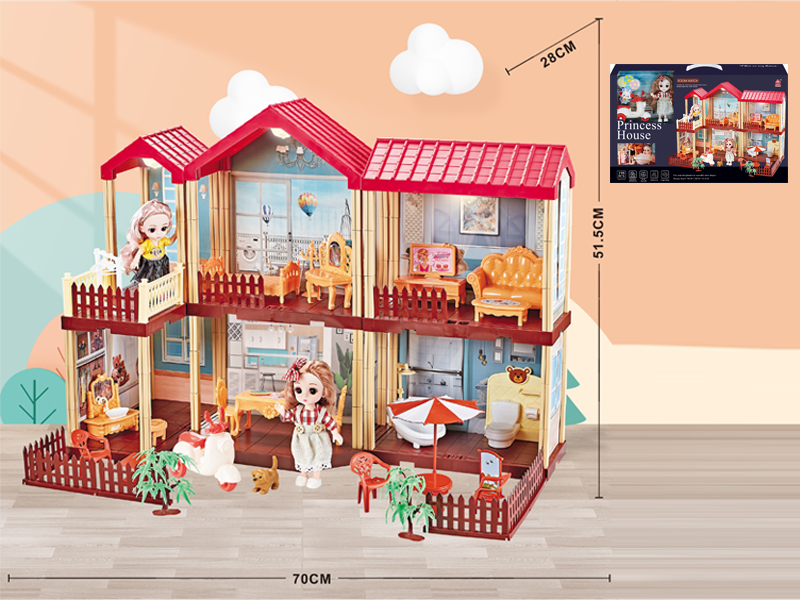 Self Decorated Villa With Light+2PCS 6 Inch Doll+2 Scooter