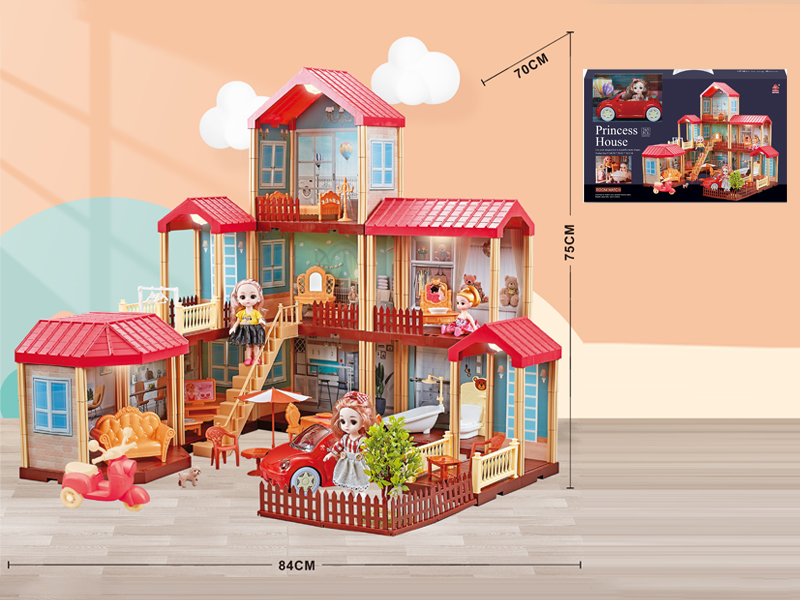 Self Decorated Villa With Light+2PCS 6 Inch Doll+ 4 Inch Doll+Scooter+Car