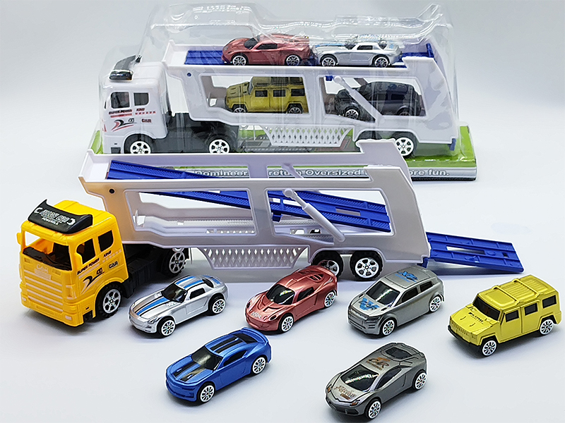Friction Double Deck Trailer Slide Sports Car