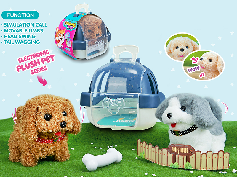 B/O Plush Teddy Dog/Husky Dog + Pet Cage + Bone