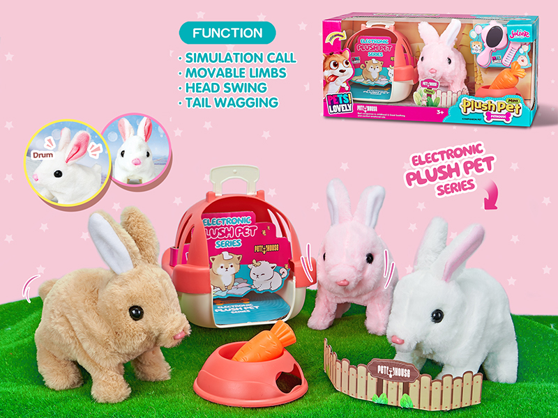 B/O Plush Middle Size Rabbit + Rabbit Basket + Feeder Bowls + Carrot + Mirror + Comb