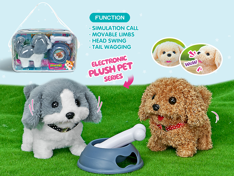 B/O Plush Teddy Dog/Husky Dog + Shoulder Bag + Feeder Bowls + Bone