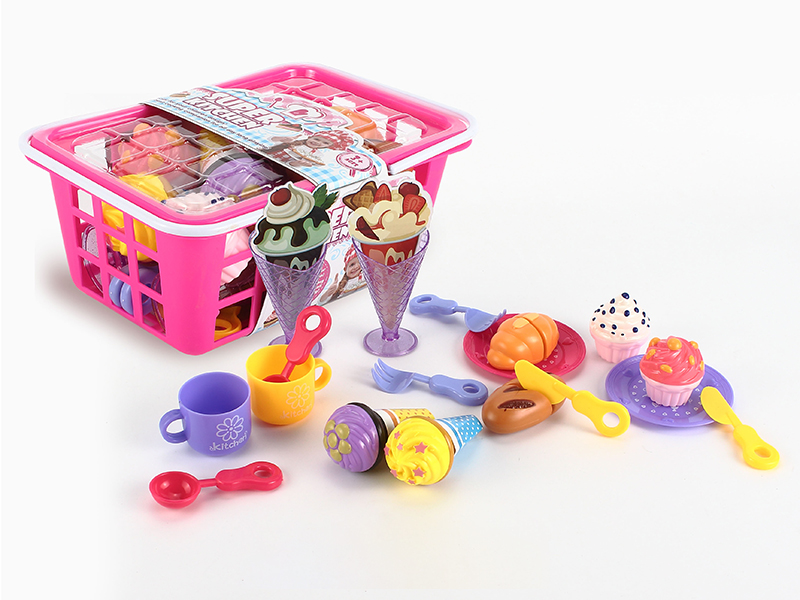 Hand Basket With Ice Cream, Cake,Bread ,Tableware