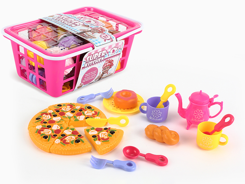 Hand Basket Tea Set With Pizza Doughnut Bread