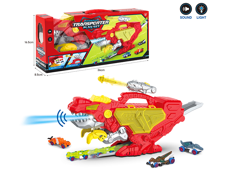 Dinosaur Storage Rail Car With Sound And Light(Red ,With 4 Vehicles, Dart Launcher)