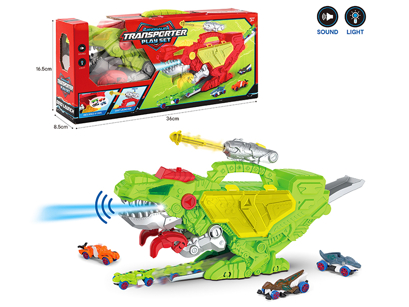Dinosaur Storage Rail Car With Sound And Light(Green ,With 4 Vehicles, Dart Launcher)