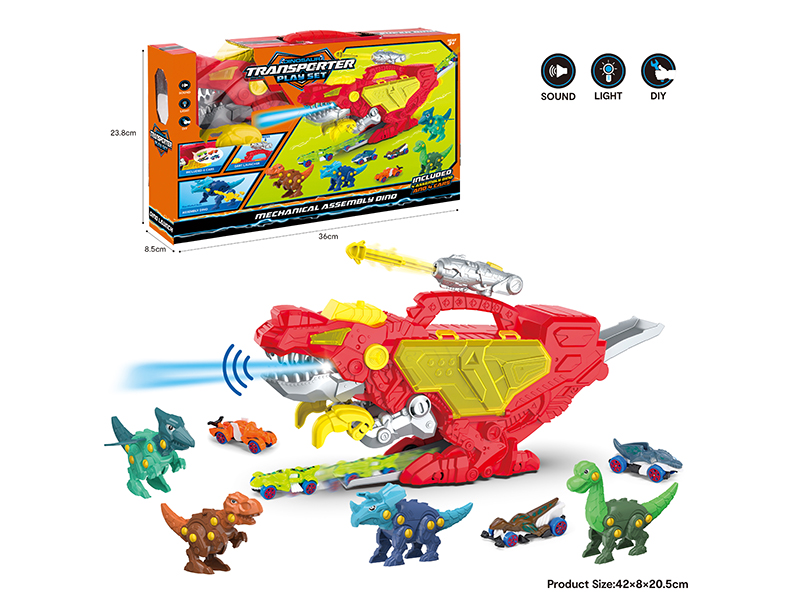 Dinosaur Storage Rail Car With Sound And Light(Red ,With 4 Vehicles,4 Assembly Dinosaurs, Dart Launcher)
