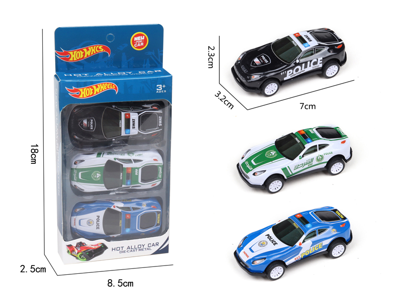 3Pcs Pull Back Iron Sheet Police Car