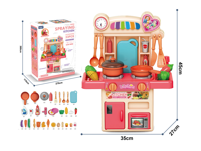 16Pcs Pink Dining Table, Kitchen Stove, Fruit And Vegetable Toys