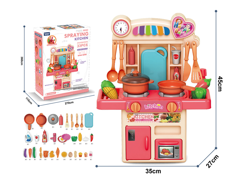 33Pcs Pink Dining Table, Kitchen Stove, Fruit And Vegetable Toys