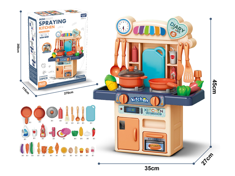 33Pcs Blue Dining Table, Kitchen Stove, Fruit And Vegetable Toys