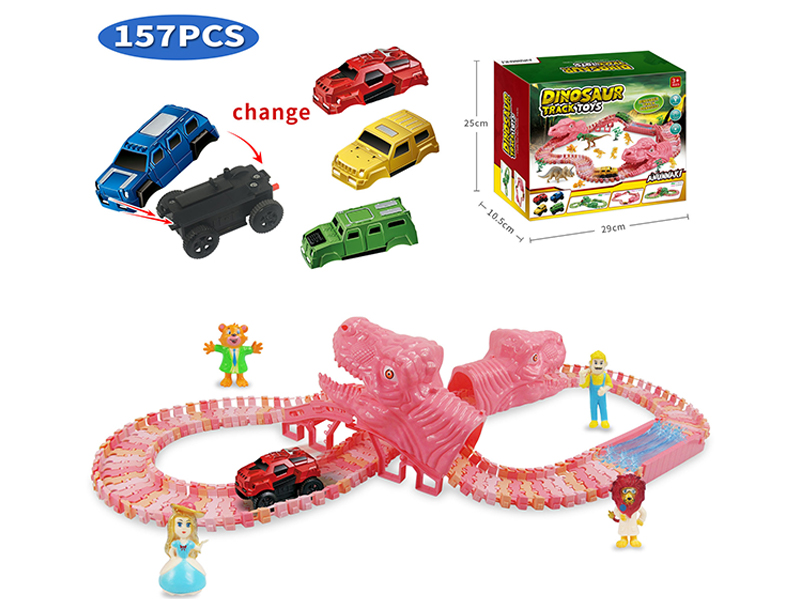 157PCS Pink Dinosaur Assembly Track B/O Car