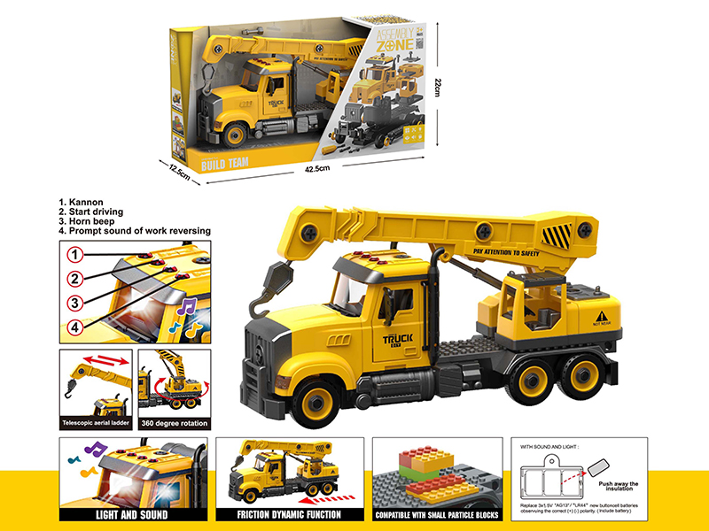 DIY Disassembly And Assembly Acousto-Optical Friction Model Car American Style Crane Compatible With Small Particle Blocks