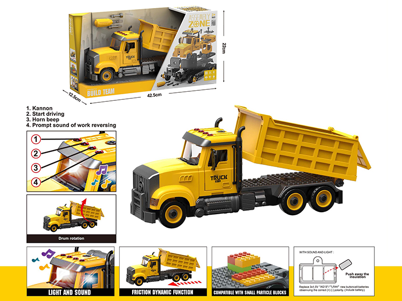 DIY Disassembly And Assembly Acousto-Optical Friction Model Car American Style Dump Truck Compatible With Small Particle Blocks