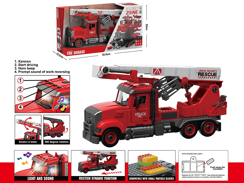 DIY Disassembly And Assembly Acousto-Optical Friction Model Car American Style Fire Aerial Rescue Vehicle Compatible With Small Particle Blocks