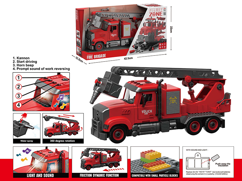 DIY Disassembly And Assembly Acousto-Optical Friction Model Car American Style High-Altitude Fire Engine Compatible With Small Particle Blocks