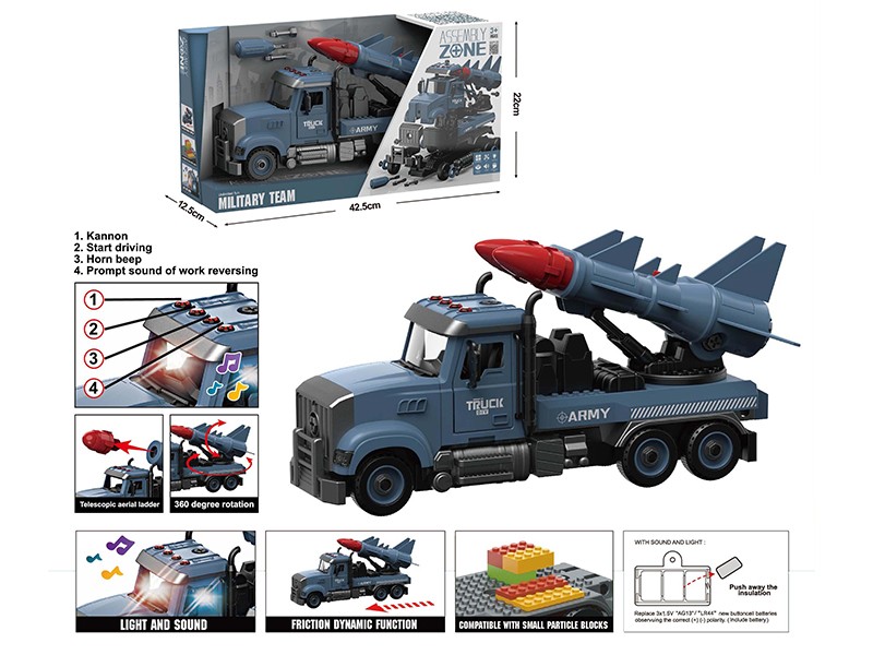 DIY Disassembly And Assembly Acousto-Optical Friction Model Car American Style Missile Truck Compatible With Small Particle Blocks