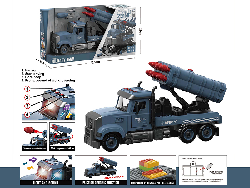 DIY Disassembly And Assembly Acousto-Optical Friction Model Car American Style Missile Truck Compatible With Small Particle Blocks