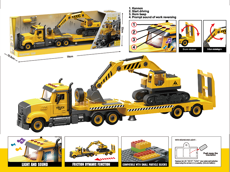 DIY Disassembly And Assembly Acousto-Optical Friction Model Car Heavy Equipment Transport Vehicle/Excavator Compatible With Small Particle Blocks