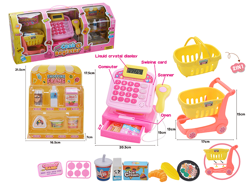 Cash Register With Foods,Shopping Cart,Shopping Rack