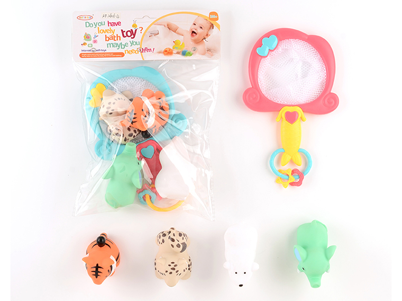 4pcs Soft Plastic Water Spray Animals + Scoop Net