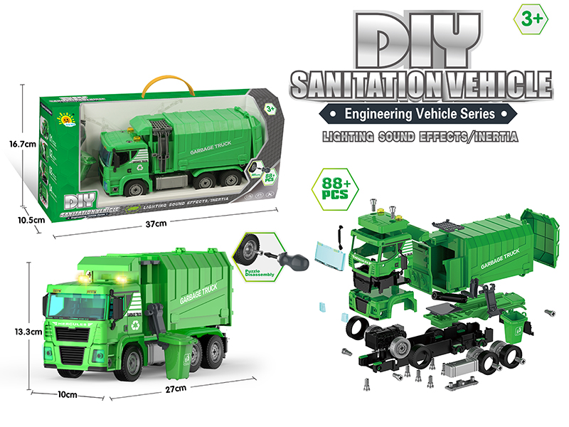 DIY Assembly Friction Engineering Truck With Sound And Lights(Sanitation Truck)88PCS