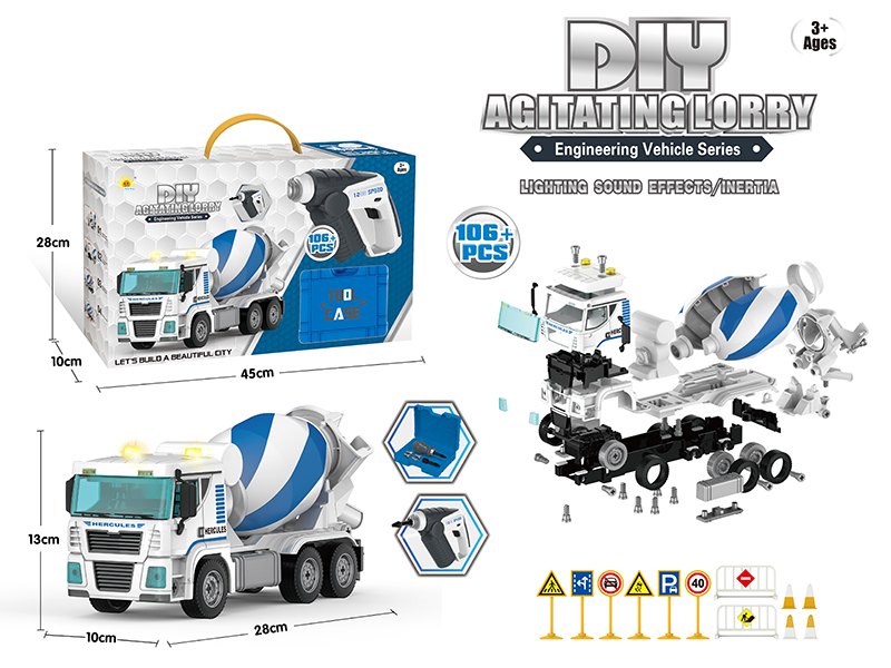 DIY Assembly Friction Engineering Truck With Sound And Lights(Concrete Mixer)With Electric Acoustooptic Screwdriver 106PCS