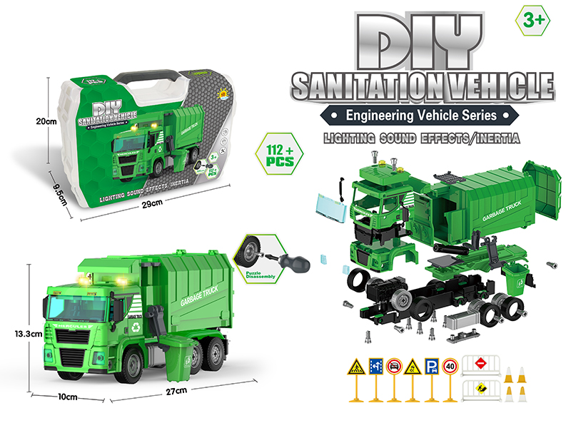DIY Assembly Friction Engineering Truck With Sound And Lights(Sanitation Truck)112PCS