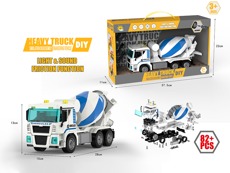 DIY Assembly Friction Engineering Truck With Sound And Lights(Concrete Mixer) 82PCS