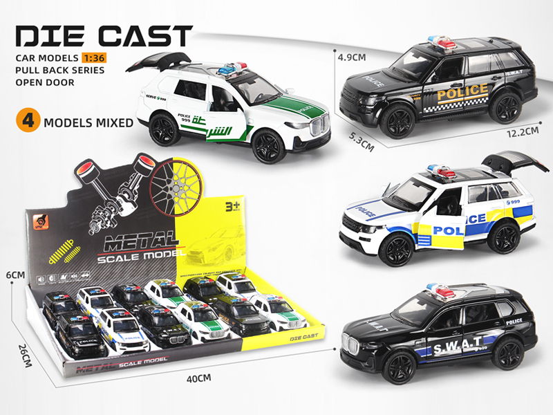 12PCS 1:36 Alloy Pull Back Three-Door Off-Road Police Vehicle With Sound And Light