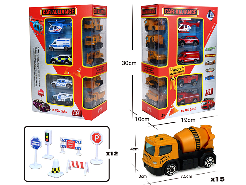 1:64 Alloy Slide Engineering Truck +Fire Engine/Police Car + Guidepost Set