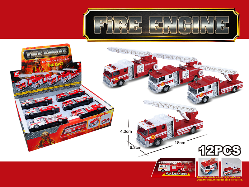 Alloy Pull Back Fire Engine With Sound And Light ,2 Doors Open 12pcs