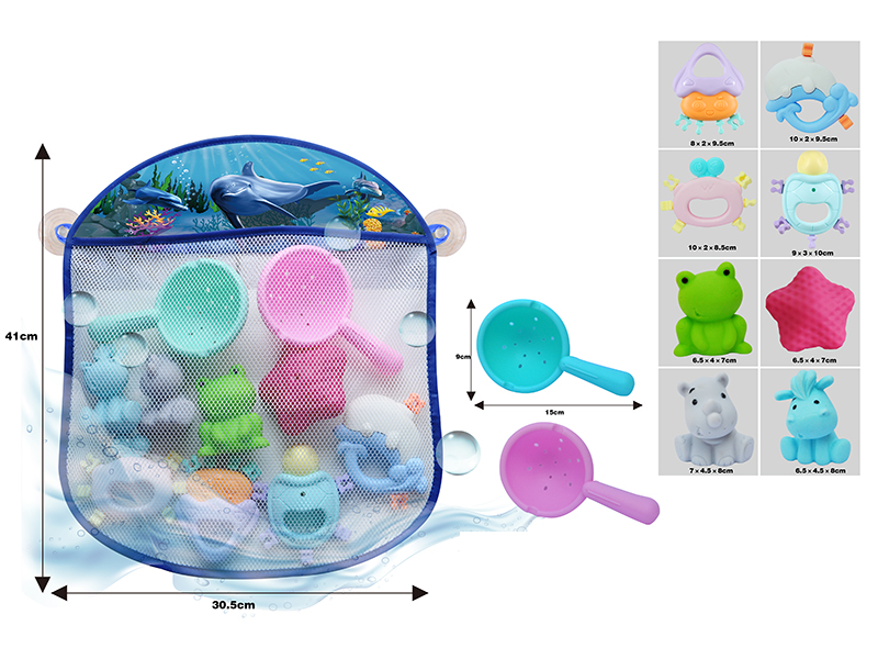 Storage Mesh Bag + Soft Plastic Textured Balls + Soft Plastic Animals + Water Spoon + Baby Rattle(10PCS)